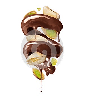 Glossy brown spiral made of melted chocolate with pistachios isolated on white background