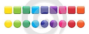Glossy button vector icon, glass web badge, color rainbow 3d bubble. Color gradient pin set. Rounded shiny illustration