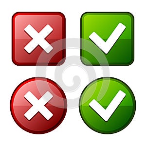 Glossy Check Mark Stickers and Buttons. Red Green. Vector.