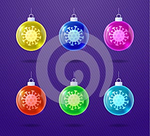 Glossy christmas coronavirus tree toys vector illustration. Set of design elements for greeting cards, New Year banners. Covid-19