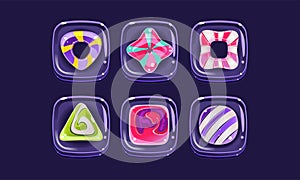 Glossy colorful shapes set, square candy blocks, assets for user interface GUI for mobile apps or video games vector