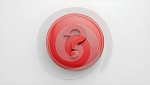 3d question mark icon on red round button or badge.3d rendering.Isolated on white background.