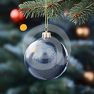 glossy decorative ball on the christmas tree on fir tree background. Merry christmas card. Winter xmas theme. Happy New