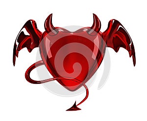 Glossy devil red heart with horns, wings and tail