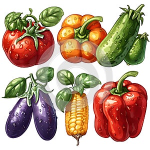 Glossy eggplants with ripe tomatoes.