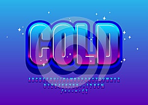 Glossy emblem Cold with Blue Font. Modern Alphabet Letters, Numbers and Symbols