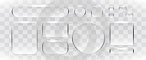 Glossy glass frames and web buttons set with transparent effect. Modern UI design elements.