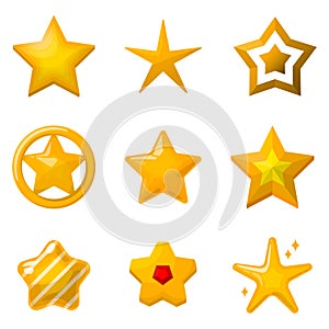 Glossy gold stars in cartoon style. Icons set for game design projects
