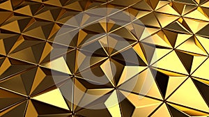 Glossy, Gold Tiles arranged to create a 3D, Background formed from Triangular, Polished blocks. 3D Render