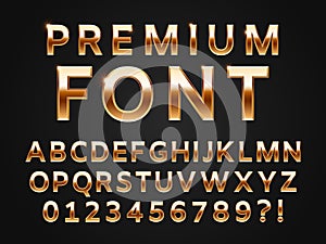 Glossy gold typeface, shine alphabet letters collection for premium text design. Golden gloss metal vector sans font