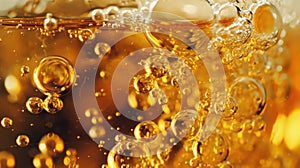 Glossy golden beer bubbles close-up. Generative AI