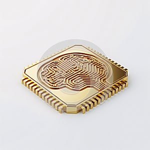A glossy golden microchip with a brain pattern