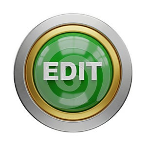 A glossy green button with the word 'EDIT' in white, surrounded by a metallic silver and gold