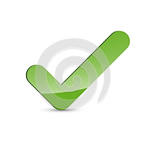 Glossy green check mark icon, tick symbol isolated on a white background.