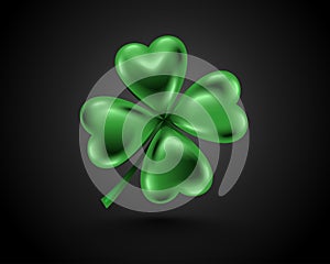 Glossy green clover leaf, dark vector illustration for St. Patrick day. Isolated four-leaf on black background