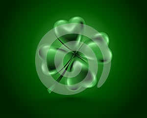 Glossy green clover leaf, vector illustration for St. Patrick day. Isolated four-leaf on green background