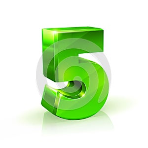 Glossy green Five 5 number. 3d Illustration on white background.