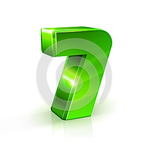 Glossy green Seven 7 number. 3d Illustration on white background.