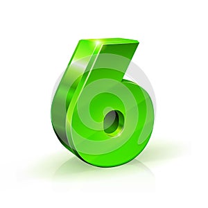 Glossy green Six 6 number. 3d Illustration on white background.