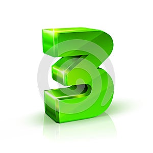 Glossy green Three 3 number. 3d Illustration on white background.