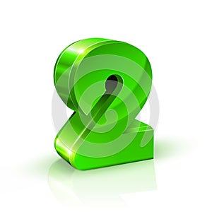 Glossy green Two 2 number. 3d Illustration on white background.