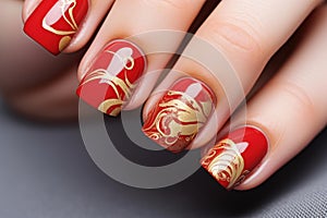 Glossy Hand red manicure nails. Generate Ai