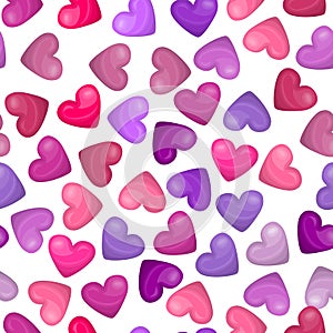 Glossy heart seamless pattern on white background. Vector illustration for sweet holiday design. Cute pink, purple, rose