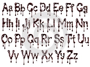 Glossy large letters of the Latin alphabet made of chocolate with dripping drops isolated on a white background