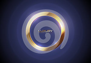 Glossy luxury circle golden frame. Border logo, name, label. Realistic gold frame, luxury purple abstract glow light waves