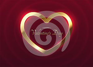 Glossy luxury heart shape gold frame. Happy Valentine`s Day golden text. Valentine`s day vector design illustration. Deep red