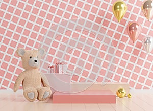 Glossy luxury podium for your design. Pink gift box, Teddy bear and Pink balloon on pastel background. Happy Valentine`s Day