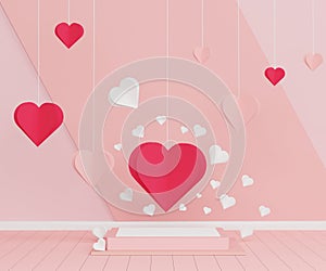 Glossy luxury podium for your design. Pink gift box, Teddy bear and Pink balloon on pastel background. Happy Valentine`s Day