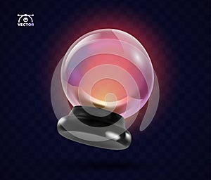 Glossy magical crystal ball on dark transparent background vector cartoon design element. 3d Magic sphere isolated icon