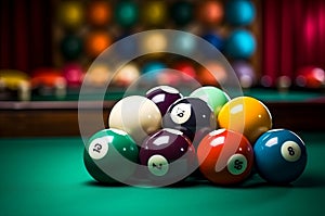 Glossy Many colorful billiard balls and cue. Generate Ai