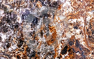 Glossy marble with brown, black and white patterns. A sample of natural marble with a pronounced texture