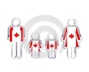 Glossy metal badge icon in man, woman and childrens shapes with Canada flag, infographic element on white