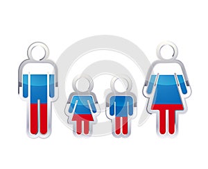 Glossy metal badge icon in man, woman and childrens shapes with Russia flag, infographic element on white