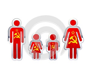 Glossy metal badge icon in man, woman and childrens shapes with USSR flag, infographic element on white