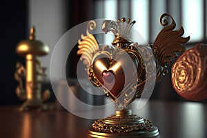 Glossy modern heart with nice scuplted details on warm welcoming background. Valentineâ€™s day fictitious generative Ai