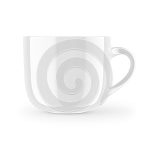 Glossy mug for drinks. White and black blank realistic isolated cup.