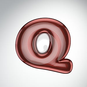 Glossy paint letter Q. 3D render of bubble font with glint isolated on white background