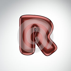 Glossy paint letter R. 3D render of bubble font with glint isolated on white background