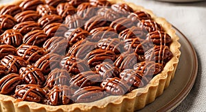 Glossy pecan pie on a plate with crust edge