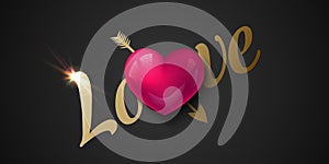 Glossy pink 3d heart with golden arrow and gold Love lettering. Greeting Card heart Patch print art on black background. Valentine