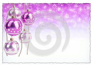 Glossy pink christmas bulbs on bokeh background. 3D render