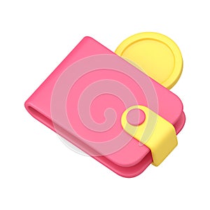 Glossy pink diagonally displaced wallet with yellow coin realistic 3d icon isometric vector