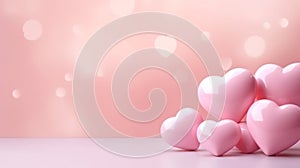 Glossy pink hearts set against a soft pink background with bokeh lights. Ideal for Valentines Day promotions or love