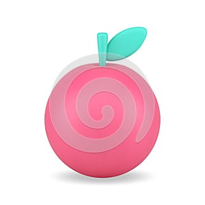 Glossy pink sphere shape apple with green leaf natural fruit realistic 3d icon vector illustration