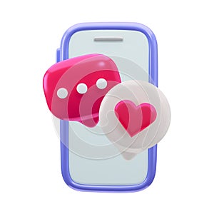 Glossy plastic 3D social communication, love chat on phone. Smartphone with speak bubbles with heart. Social media