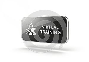 Glossy rectangular button with virtual training text and icon isolated on white background